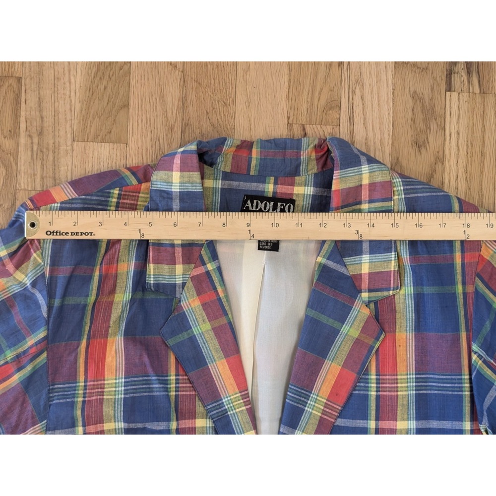 Adolfo Blazer Womens Large Plaid Preppy Oversized Blue Yellow Work Office - Picture 4 of 10